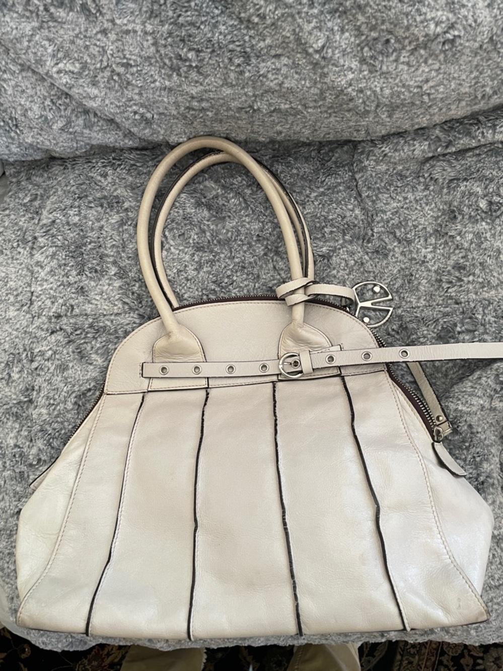 Coccinelle Taupe Black Seamed Leather Shoulder Satchel With Belt Accent